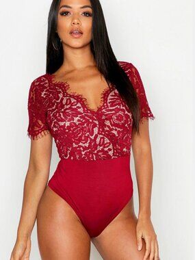 Karen Millen Premium Eyelash Lace Bodysuit Small in Merlot  NWT